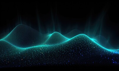 Futuristic digital wave landscape with glowing blue particles forming dynamic flowing hills on a dark background, artificial intelligence, big data, virtual reality, and advanced technology