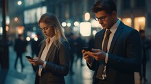 Young Male And Female Business People In Formal Wear Walking On Street Looking At Their Smartphones Ignoring Each Other Addicted To Social Networks.Antisocial Millennials, Technology And Communication