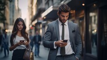 Young Male And Female Business People In Formal Wear Walking On Street Looking At Their Smartphones Ignoring Each Other Addicted To Social Networks.Antisocial Millennials, Technology And Communication