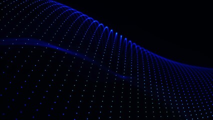 Poster - Wave of particles. Futuristic dots pattern on dark background. Big data digital code. Technology or Science Banner. 3D rendering. 4K animation.