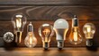 different kinds of light bulbs on wooden background