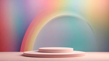 Abstract minimal scene with podium and rainbow background. 3d render illustration