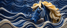 Beautiful Horse Head Carving, Blue And Yellow Colors 3d Relief Wallpaper Generative Ai	
