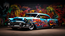 A Colorful Image Of A Colorful Lowrider Vintage Car In The Sunset