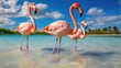 pink flamingos gracefully wading in tranquil waters. Ideal for promoting birdwatching tours, wildlife sanctuaries, and capturing the vibrant beauty of these exotic birds