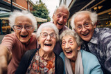 Fototapeta  - Group of elderly people taking a selfie, Spirited portrait, happy smiling group of senior citizens, pensioners having fun