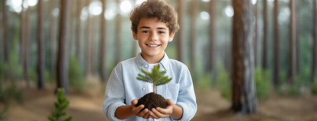 Wall Mural - Young boy in a forest nurturing a young pine tree In a soft-focus forest, a smiling male carefully holding sapling with a clump of soil, symbolizing growth and care.