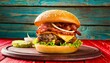 bacon burger with beef patty on red wooden table