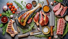 Flat Lay Of Various Grill And Bbq Meat Chicken Legs Steaks Lamb Ribs With Vintage Kitchenware Kitchen Utensils Meat Fork And Butcher Cleaver And Herbs Knife Sauces And Ingredients For Grilling