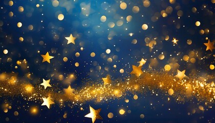 Wall Mural - abstract background with gold stars particles and sparkling on navy blue christmas golden light shin