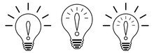 Set Of Yellow Light Bulb Lamps With An Exclamation Mark Inside. Flat Vector Illustration. Solving Problems In Business. Innovation And Teamwork In Company. Creative Bright Idea Brainstorming Concept.