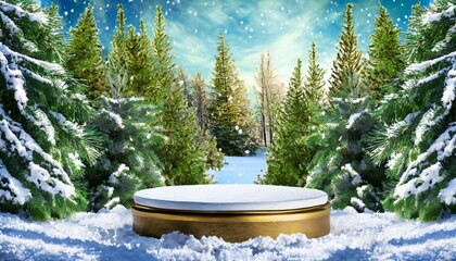 Wall Mural - winter christmas product podium on the background of green trees