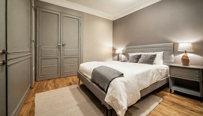 Wall Mural - contemporary bedroom with king size bed white sheets gray wrap on bed small silver cupboards with table lamp