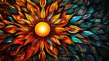 Stained Glass Window Background With Colorful Sun God Abstract.	