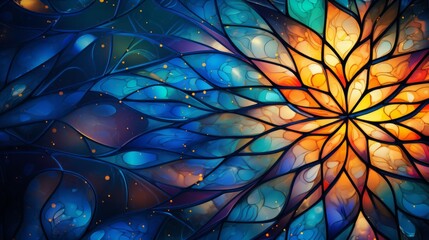 Wall Mural - Stained glass window background with colorful Flower and Leaf abstract.