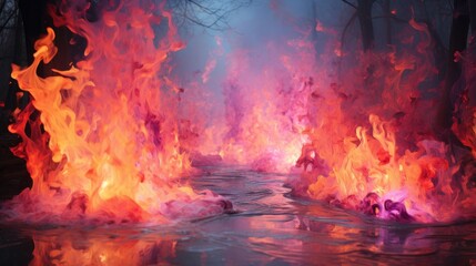 Canvas Print - A river of fire in the middle of a forest, AI