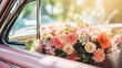 a bouquet of flowers in the window of a retro car. romantic mood