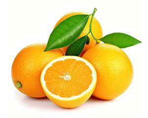 Oranges with leaves isolated on white background