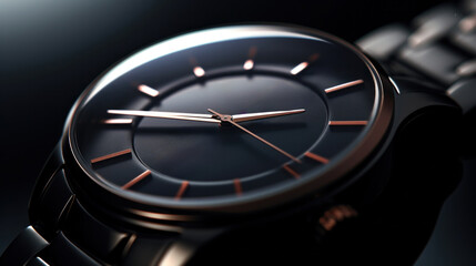 Canvas Print - A close up of a watch on black background with rose gold hands, AI