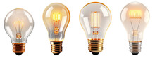 Set Classic Light Bulbs Isolated On Transparent Background. 3d Rendering. Creativity Idea, Innovation, Save Energy, Business Success, Strategy Concept.