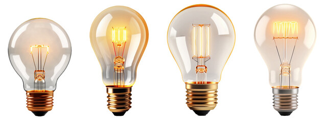 Set Classic light bulbs isolated on transparent background. 3d rendering. Creativity idea, innovation, save energy, business success, strategy concept.