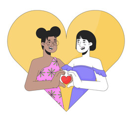 Aufkleber - Lesbian women meeting soulmate 14 february 2D linear illustration concept. Valentine day gay female cartoon characters isolated on white. Together love metaphor abstract flat vector outline graphic