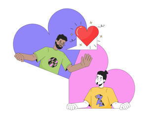 Aufkleber - Boyfriends gay dating app 2D linear illustration concept. Interracial lovers homosexual cartoon characters isolated on white. Long distance relationship metaphor abstract flat vector outline graphic