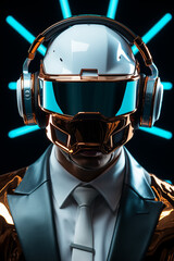 Wall Mural - Man in a suit listening to music with headphones, in the style of a futuristic sci-fi aesthetic.