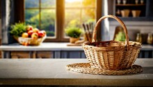 Straw Basket At Kitchen Table Empty Space