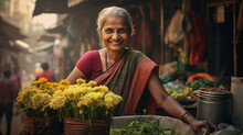 Elderly Woman In A Sari Selling Flowers On An Indian Street