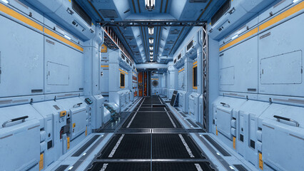 Poster - Futuristic corridor in a science fiction fantasy space station building. 3D rendering.