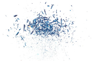 Wall Mural - Blue pencil tip shavings from sharpener, explosion isolated on white background and texture 