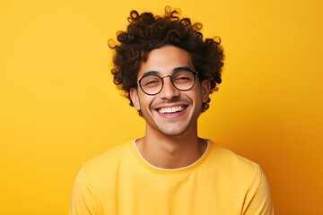 Wall Mural - Confident White Man with Glasses Smiling on a Colored Background. Generative AI.