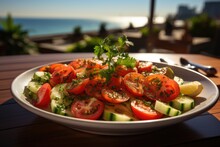 Tomato And Cucumber Salad In A Mediterranean Restaurant By The Sea., Generative IA