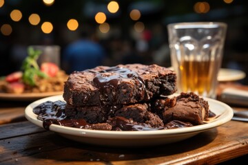 Wall Mural - Banana brownie on a glass plate, served at an outdoor event., generative IA