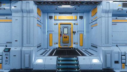 Poster - Steps leading to a closed door in a futuristic space station interior with blue metallic walls. 3D illustration.