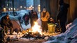 Homeless people sit together, seeking warmth under a bridge during a snowfall.