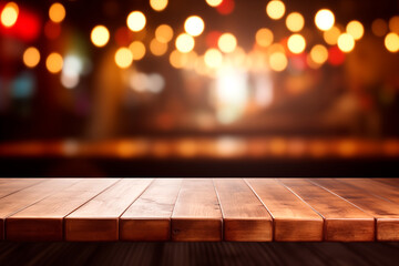 Wall Mural - Empty wooden table in front of abstract blurred pink valentine light background for product display in a coffee shop, local market or bar	