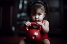 Toddler Girl Posing With Gym Weight. Little Girl Portrait Holding Red Fitness Dumbbell. Generate Ai
