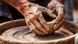 The artisan's hands, covered with clay, skillfully create a pottery masterpiece on a rotating wheel, reflecting the essence of craftsmanship.