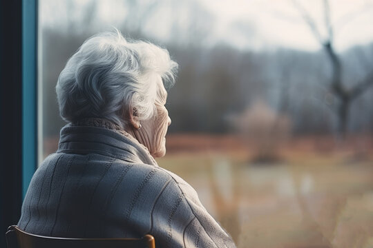 the elderly woman with gray hair, facing away, looks through the window, lost in thought, and appear