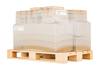 Poster - Wooden Pallet with parcels wrapped in stretch film, 3D rendering isolated on transparent background