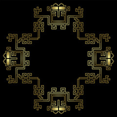 Ethnic pattern or frame with geometrical Nazca textile motifs. Native American indigenous design of pre Columbian Peru. Golden glossy silhouette on black background.