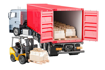 Poster - Truck with parcels and forklift truck with cardboard boxes. Freight transportation, delivery concept. 3D rendering isolated on transparent background