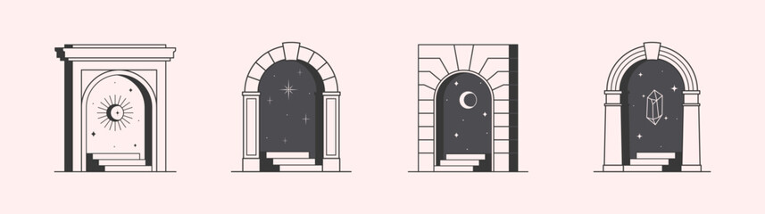 Wall Mural - vector mystic logo design templates with portal,steps,gemstone,stars,sun and crescent moon.surreal a