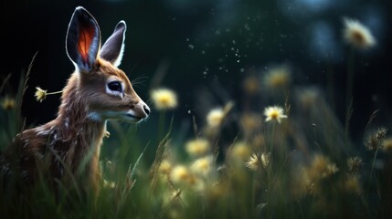 A deer is standing in a field of flowers with the sun behind it, AI