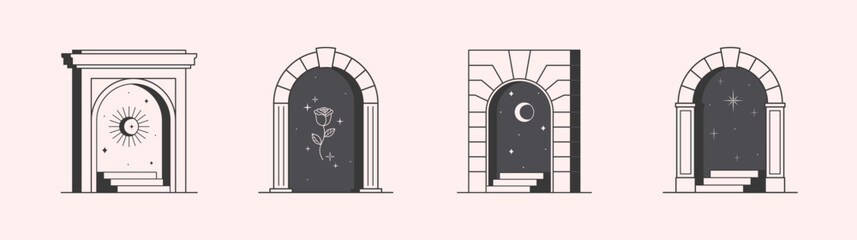 Wall Mural - vector mystic logo design templates with portals,steps,sun,crescent moon,stars and rose.surreal abst