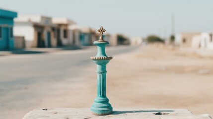 Sticker - A blue post on a street with buildings in the background, AI