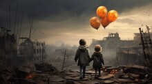 Children With Balloons Over The City Burning Destruction Due To War Conflict, Earthquake Or Fire And Smoke Of World War