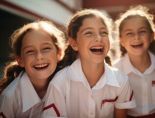 Three young girls laughing and smiling. Generative AI.